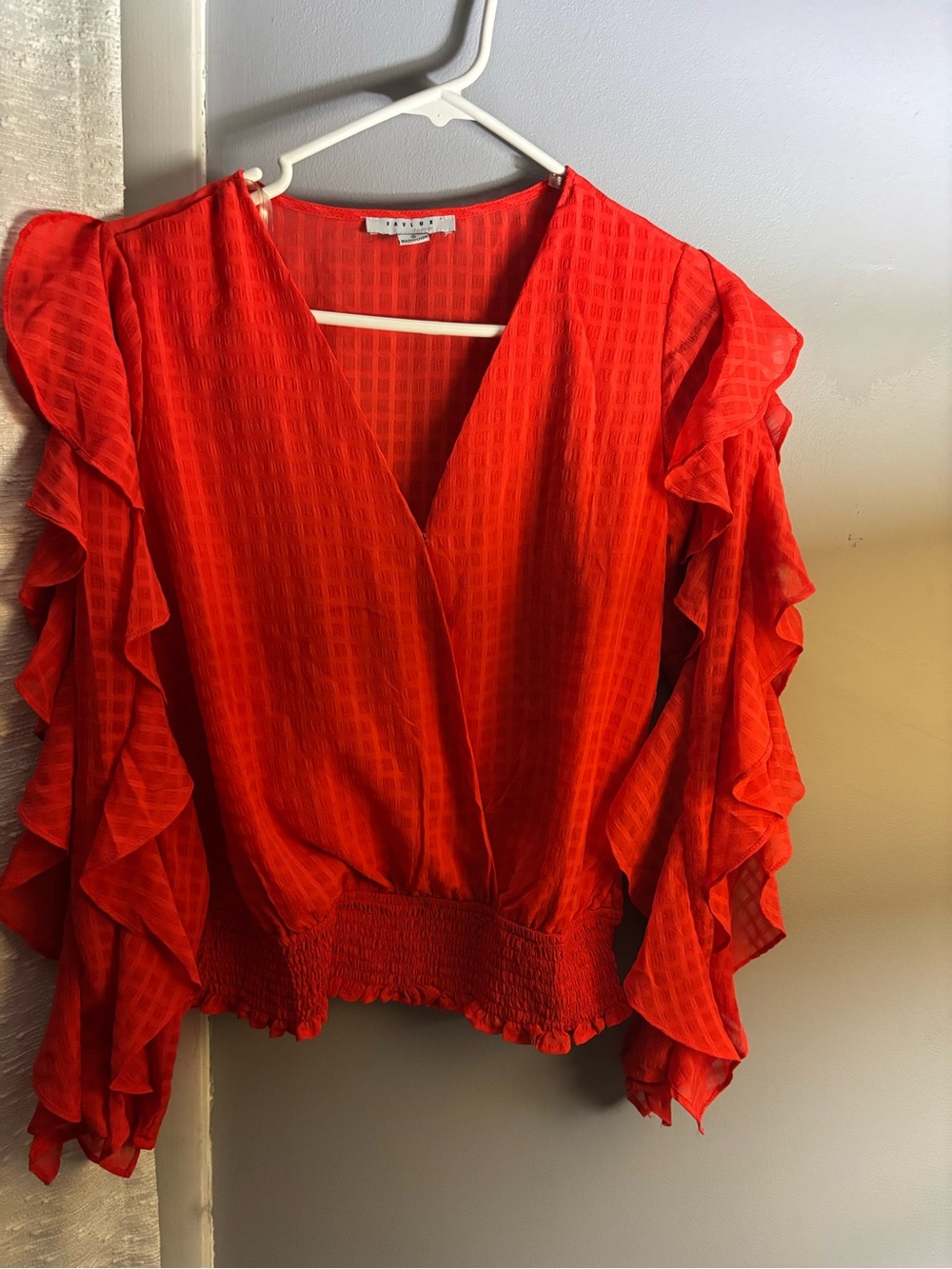 FAVLUX Orange Ruffle-Sleeve V-Neck Blouse